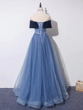 A-Line Off Shoulder Tulle Gray Blue Long Prom Dress, Blue Formal Dress HZ0319
