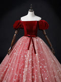 Burgundy/Pink Tulle Velvet Long Prom Dress, Burgundy Formal Dress HZ0319