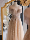 A-Line Lace Champagne Long Prom Dress, Champagne Lace Long Formal Dress HZ0319