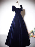 A-Line Dark Blue Velvet Long Prom Dress, Blue Formal Evening Dress HZ0319