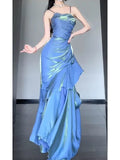 Vintage Blue Spaghetti Strap Ruffle Design Elegant A-line Satin Evening Dress Prom Dress HZ0319