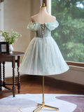 A-Line Off Shoulder Tulle Short Prom Dress, Green Homecoming Dress HZ0319