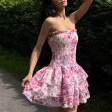 Cute Floral Strapless Design A-line Tiered Party Dress Homecoming Dress HZ0319