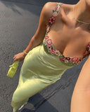 Vintage Green Floral Mermaid Spaghetti Strap Design Satin Prom Dress Evening Dress HZ0319