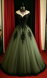 Green Gothic A-Line Tulle Off Shoulder Long Formal Prom Dress HZ0319