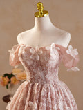 Vintage Pink 3D Flower Design A-line Off-the-shoulder Homecoming Dress , HZ0319
