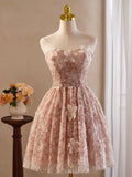 Vintage Pink 3D Flower Design A-line Off-the-shoulder Homecoming Dress , HZ0319