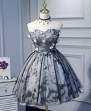 Elegant Gray 3D Flowers Design A-line Mesh Strapless Short Homecoming Dress, HZ0319