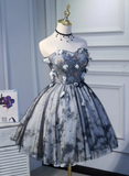 Elegant Gray 3D Flowers Design A-line Mesh Strapless Short Homecoming Dress, HZ0319