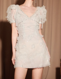 Chic Light-Blue Short-sleeved A-line Appliqued V-neck Party Dresses Homecoming Dresses, HZ0319