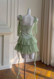 Chic Green Appliqued Ruffled Hem Design A-line Spaghetti Strap Party Dresses Homecoming Dresses, HZ0319