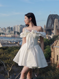 Simple White Off-the-shoulder Lace Bow Design A-line Party Dress Homecoming Dress, HZ0319