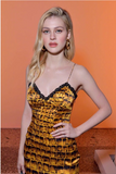 Vintage Lace Patchwork Check Pattern V-neck Design A-line Spaghetti Strap Party Dress, HZ0319