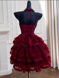 Vintage Burgundy Sweetheart Lace Design Spaghetti Strap Tiered Homecoming Dress, HZ0319