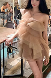 Retro Champagne 3D Flower Design Tulle Design A-line Short Party Dress Homecoming Dresses HZ0319