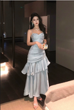 Vintage Blue Sweetheart Spaghetti Strap Mermaid Ruffled Hem Design Sexy Prom Dress Evening Dress HZ0319