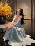 Vintage Blue Sweetheart Spaghetti Strap Mermaid Ruffled Hem Design Sexy Prom Dress Evening Dress HZ0319