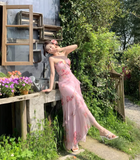 Vintage Pink Floral Irregular Hem Design Elegant Beach Holiday A-Line Sleeveless Halter Dress Summer Dress Party Dress HZ0319