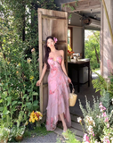 Vintage Pink Floral Irregular Hem Design Elegant Beach Holiday A-Line Sleeveless Halter Dress Summer Dress Party Dress HZ0319