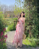 Vintage Pink Floral Irregular Hem Design Elegant Beach Holiday A-Line Sleeveless Halter Dress Summer Dress Party Dress HZ0319