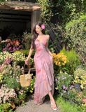 Vintage Pink Floral Irregular Hem Design Elegant Beach Holiday A-Line Sleeveless Halter Dress Summer Dress Party Dress HZ0319