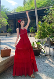 Vintage Burgundy V-neck Design Elegant Beach Holiday A-Line Sleeveless Halter Dress Summer Dress Party Dress , HZ0319