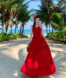 Vintage Burgundy V-neck Design Elegant Beach Holiday A-Line Sleeveless Halter Dress Summer Dress Party Dress , HZ0319