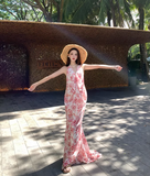 Vintage Pink Floral V-neck Design Elegant Beach Holiday Mermaid Sleeveless Halter Dress Summer Dress Party Dress, HZ0319