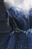 Vintage Blue Beaded Design Elegant A-Line Chiffon Tulle Evening Dress Prom Dress HZ0319