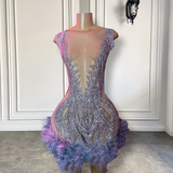 Sexy See Through Women Birthday Party Gowns Luxury Silver Beaded Crystals Feather Black Girl Short Prom Dresses HZ0319