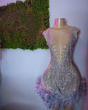 Sexy See Through Women Birthday Party Gowns Luxury Silver Beaded Crystals Feather Black Girl Short Prom Dresses HZ0319