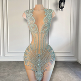 Sexy See Through Black Girl Short Prom Dresses 2025 Luxury Sparkly Silver Diamond Women Cocktail Birthday Party HZ0319