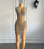 Sexy See Through Black Girl Short Prom Dresses 2025 Luxury Sparkly Silver Diamond Women Cocktail Birthday Party HZ0319