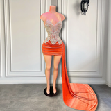 New Black Girls Birthday Party Gowns Luxury Beaded Sparkly Crystals Orange Velvet Short Prom Dresses 2025 With HZ0319