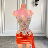 New Black Girls Birthday Party Gowns Luxury Beaded Sparkly Crystals Orange Velvet Short Prom Dresses 2025 With HZ0319
