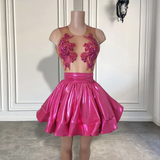 Elegant Sheer O-neck Beaded Crystals Women Cocktail Gowns A-line Hot Pink Black Girls Short Prom Dresses 2025 For Birthday HZ0319
