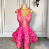 Cute Sheer O-neck Hot Pink Sequin Black Girl Short Prom Dresses 2025 For Birthday HZ0319