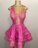 Cute Sheer O-neck Hot Pink Sequin Black Girl Short Prom Dresses 2025 For Birthday HZ0319