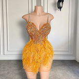 Cute Sparkly Beads Short Prom Dress Sweetheart Women Birthday Party Gold Feather Cocktail Dresses HZ0319