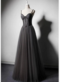 Dark Grey Tulle Straps Long Beaded Party Dress, Grey Long Formal HZ0319