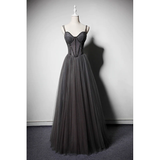 Dark Grey Tulle Straps Long Beaded Party Dress, Grey Long Formal HZ0319