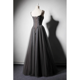 Dark Grey Tulle Straps Long Beaded Party Dress, Grey Long Formal HZ0319