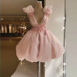 Pink Fashion Sweet Short Prom Dress V Neck Sleeveless Lace Appliques Ball Gown Women Mini Cocktail Evening Gown Custom HZ0319