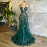 Elegant Green A Line Evening Dress 2025 New Appliques Beaded Long Prom Dresses Lace Up Spaghetti Straps Formal Occasion HZ0319