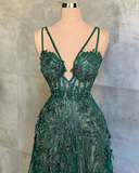Elegant Green A Line Evening Dress 2025 New Appliques Beaded Long Prom Dresses Lace Up Spaghetti Straps Formal Occasion HZ0319