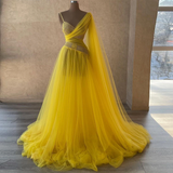 V-neck Prom Dress A-line Tulle Dress Layered Prom Dress Long Sleeve Evening Dresses Yellow Pageant Dress Plus Size HZ0319