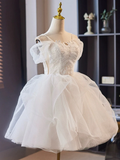 Off Shoulder Sweetheart Homecoming Dress Tulle Lace White Short Prom Dress HZ0319