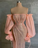 Elegant Long Sleeve Evening Dress Off The Shoulder Sexy High Slit Pink Sequin Dubai Women Evening Party HZ0319