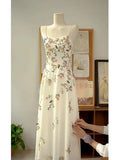 Vintage Beige Spaghetti Strap Floral Applique Design Elegant A-Line Evening Dress Prom Dress HZ0319