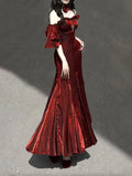 Vintage Burgundy Spaghetti Strap Mermaid Design Elegant Satin Evening Dress Prom Dress HZ0319